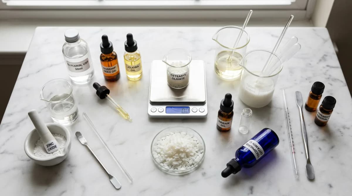 Flat lay of professional cosmetic chemistry ingredients - glycerin bottle, white emulsifier pellets, small glass bottles with plant oils, digital scale, glass beakers and droppers arranged on white marble surface, soft natural daylight photography