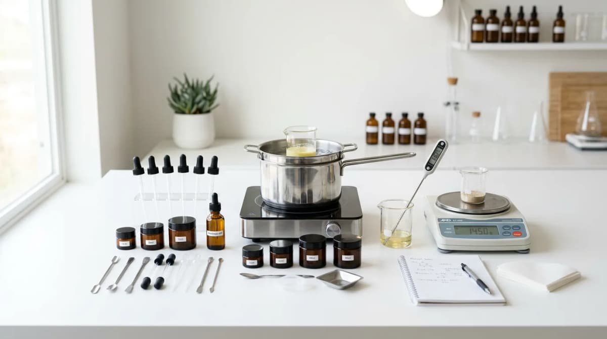 Minimalist home cosmetic lab setup - stainless steel double boiler, digital thermometer, precision scale, small amber glass jars, pipettes and spatulas neatly arranged on clean white table, bright overhead lighting